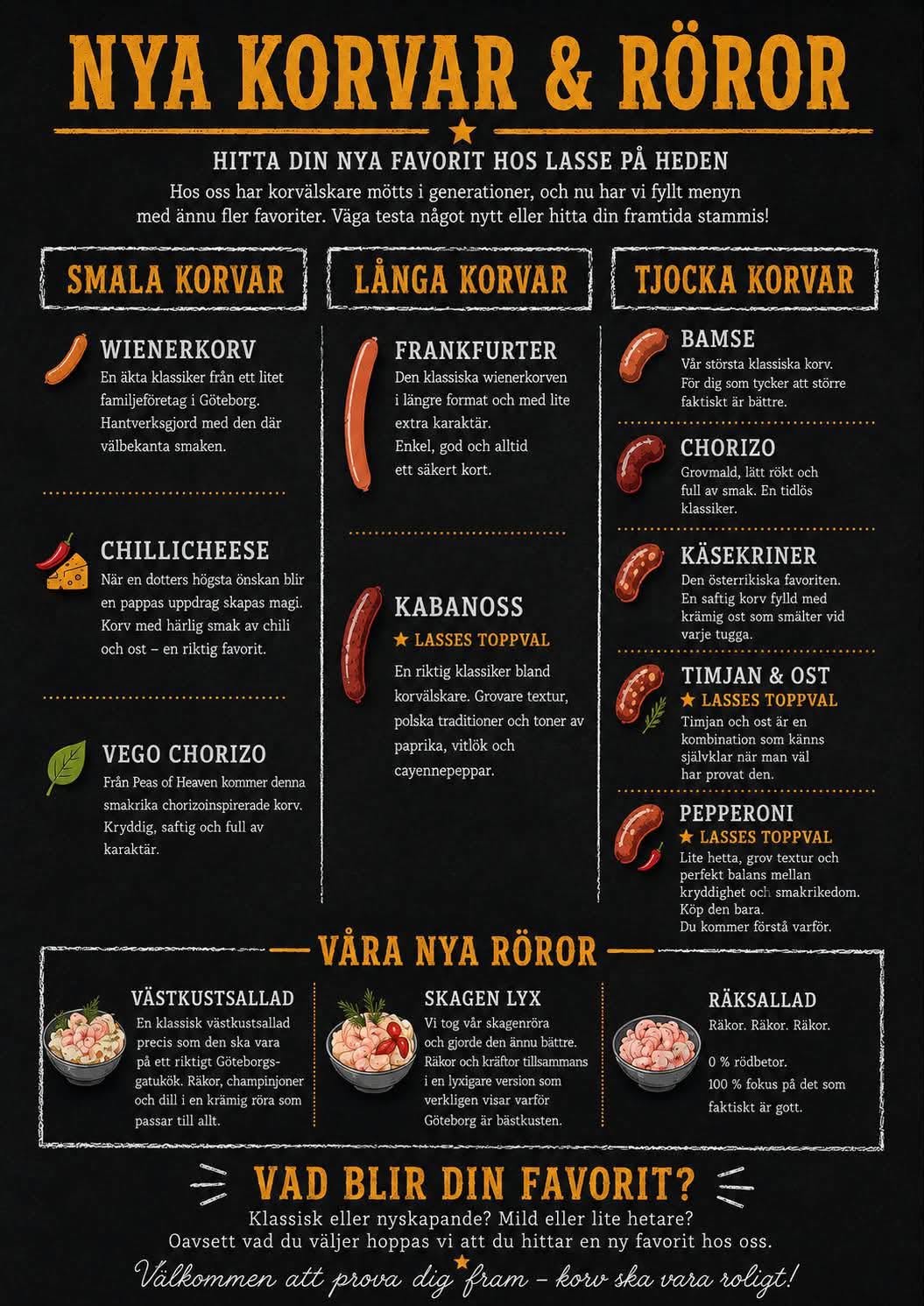 Illustrerad affisch: Nya korvar & röror hos Lasse på Heden